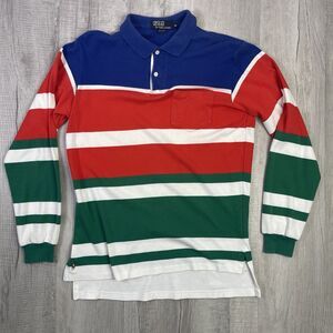 Vintage Polo Ralph Lauren Shirt Mens Medium Orange Blue Striped Rugby USA 90s N